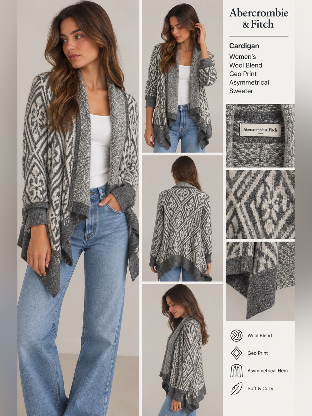 Abercrombie‎ & Fitch cardigan Womens Wool  blend geo print asymmetrical sweater